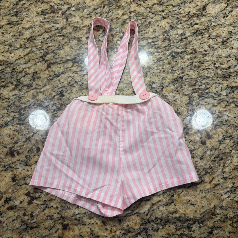 Vintage Pink White Striped Suspender Sunsuit Shorts Girl 2T Made in USA G5342